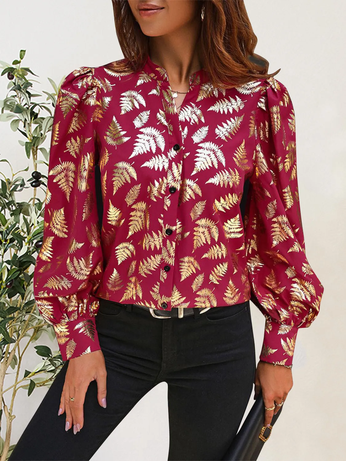 Printed Notched Long Sleeve Shirt sold by Charming Charlie product image thumbnail 3