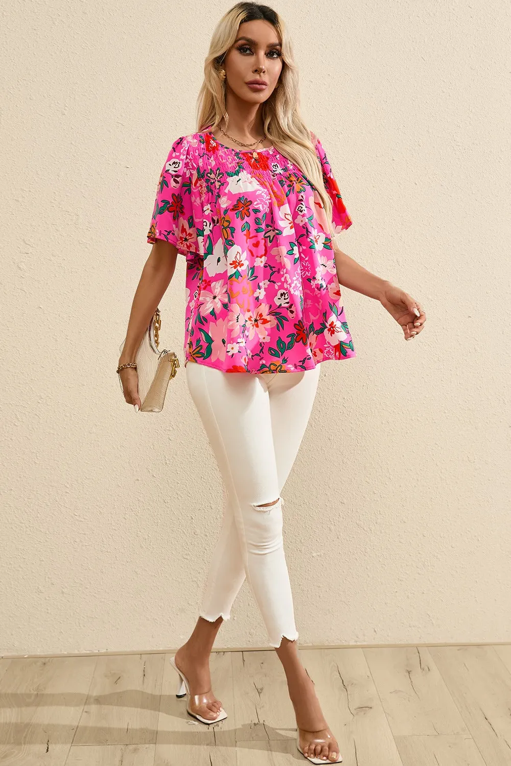 Smocked Printed Round Neck Half Sleeve Blouse sold by Charming Charlie product image thumbnail 4