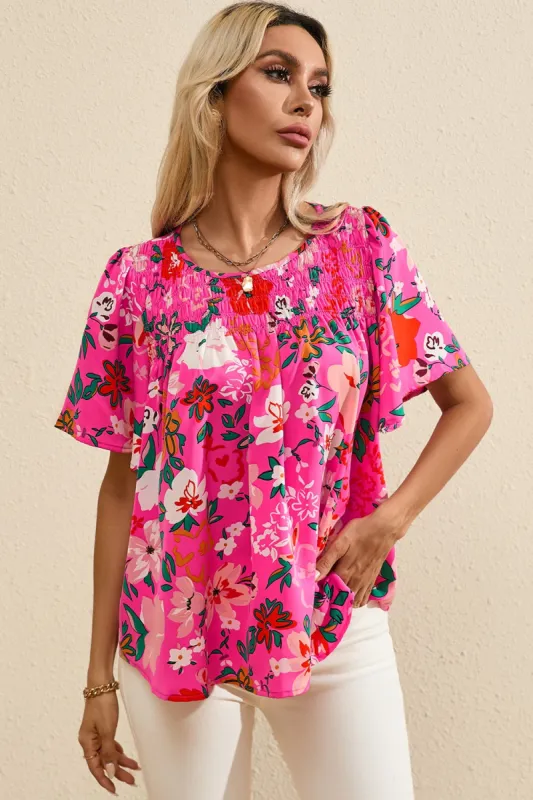 Smocked Printed Round Neck Half Sleeve Blouse sold by Charming Charlie