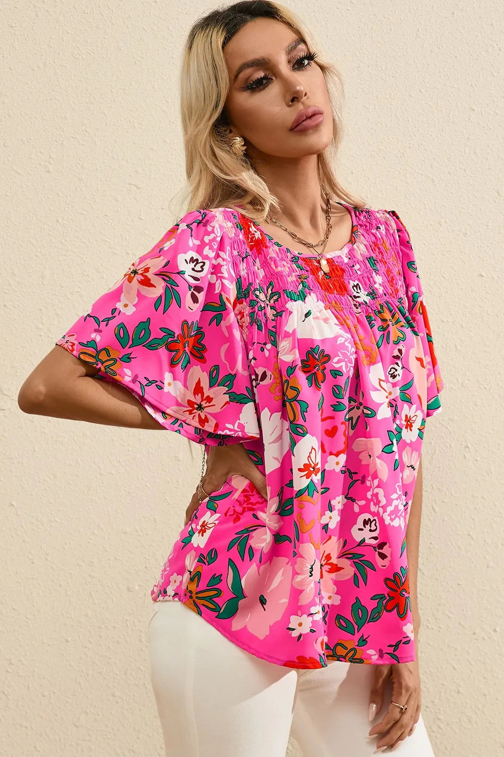 Smocked Printed Round Neck Half Sleeve Blouse sold by Charming Charlie product image thumbnail 2