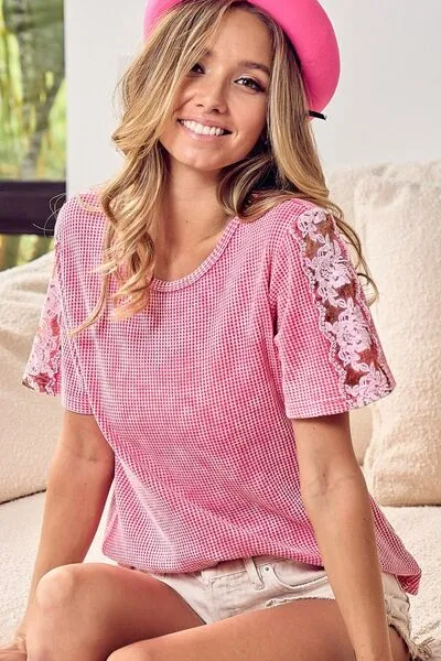 BiBi Lace Detail Short Sleeve Waffle Top sold by Charming Charlie