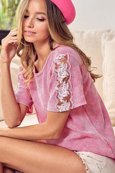 BiBi Lace Detail Short Sleeve Waffle Top sold by Charming Charlie product image thumbnail 5