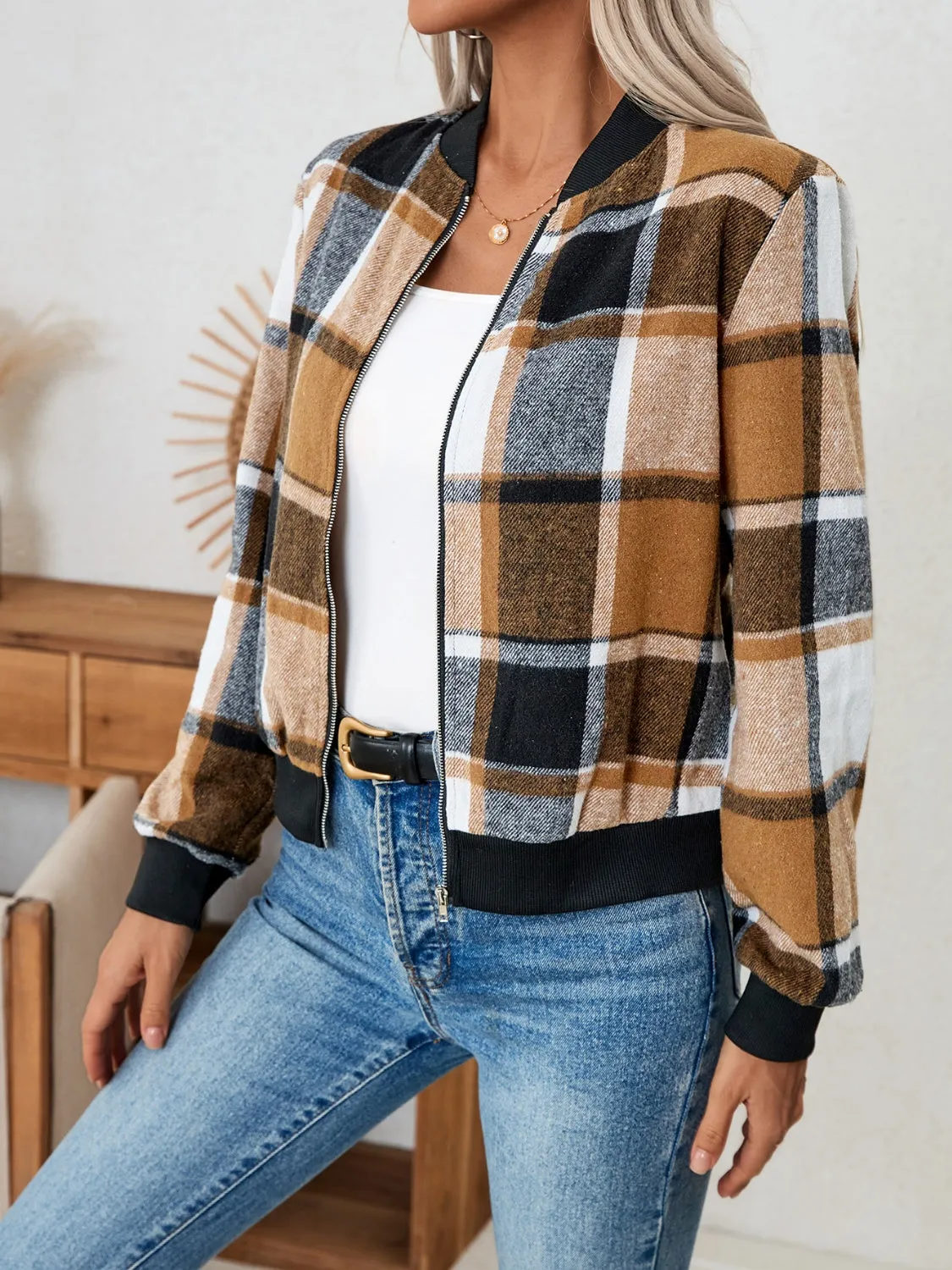 Plaid Zip Up Long Sleeve Jacket sold by Charming Charlie product image thumbnail 4