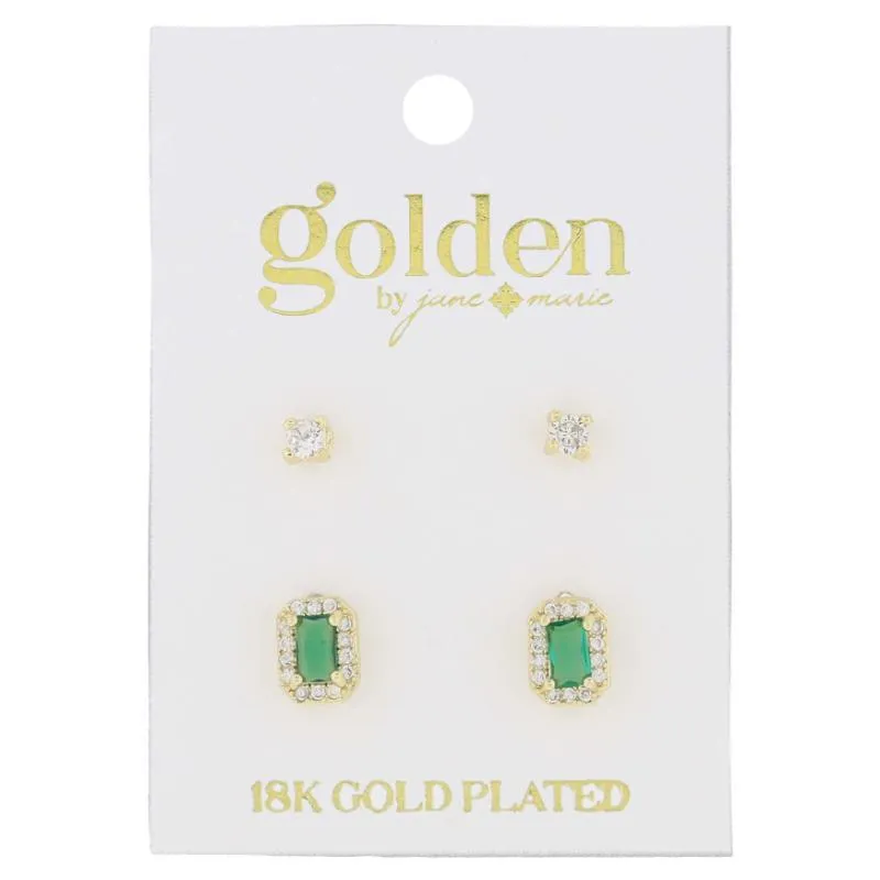18K Gold Plated 2 Stud Set, Crystal, Emerald Baguette Earrings, .15", .35" Top to Bottom sold by Charming Charlie