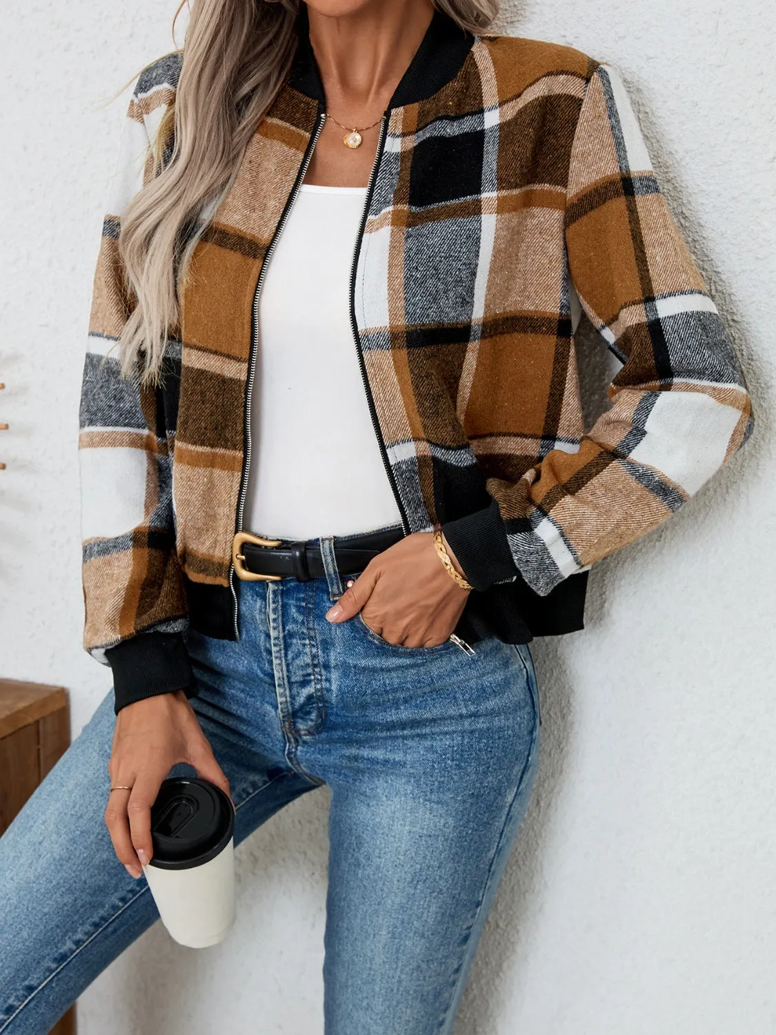 Plaid Zip Up Long Sleeve Jacket sold by Charming Charlie product image thumbnail 5