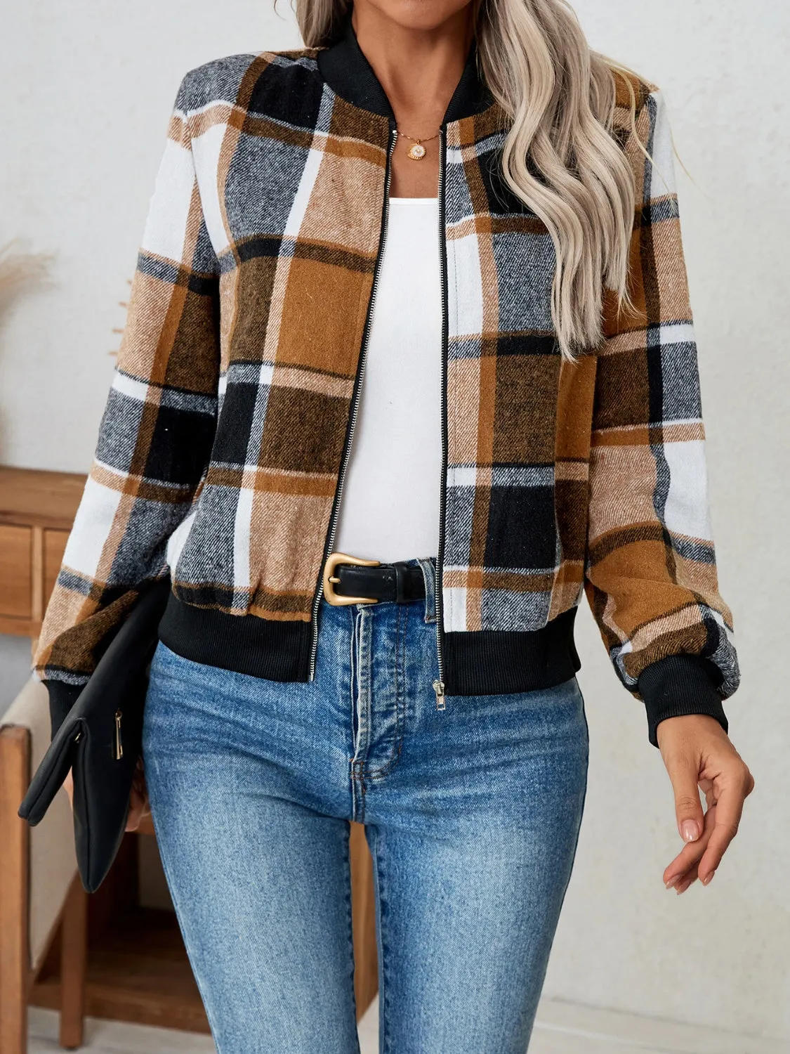Plaid Zip Up Long Sleeve Jacket sold by Charming Charlie product image thumbnail 2