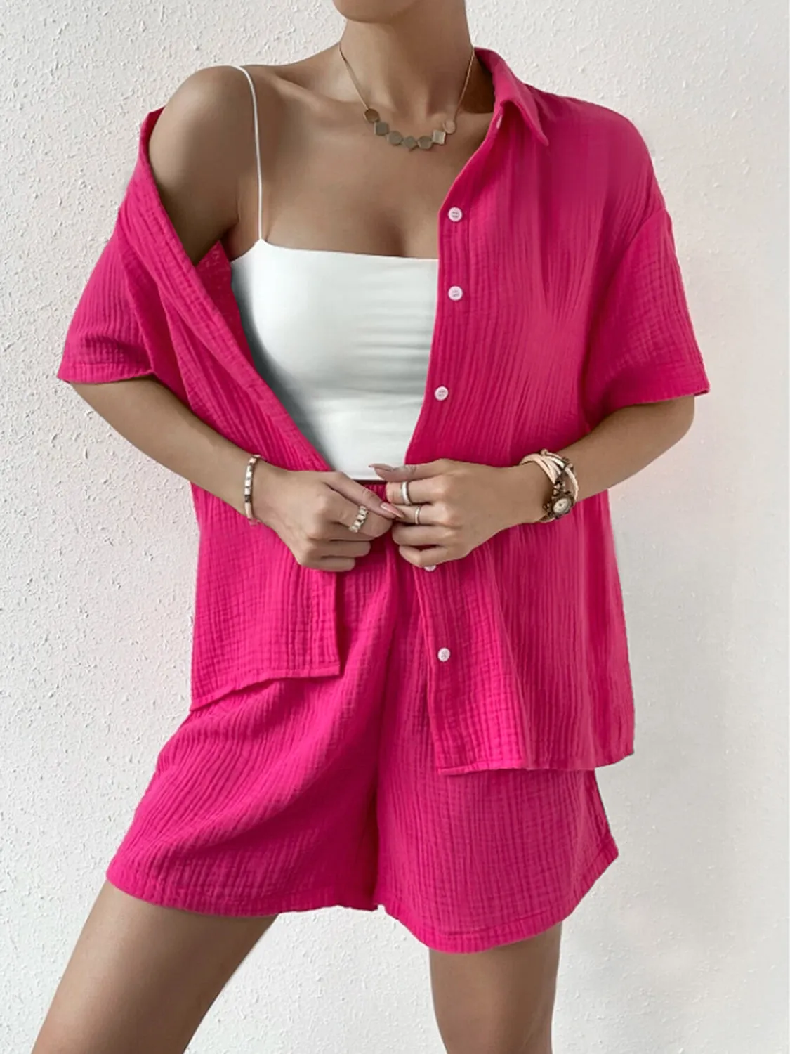 Button Up Half Sleeve Top and Shorts Set sold by Charming Charlie product image thumbnail 3