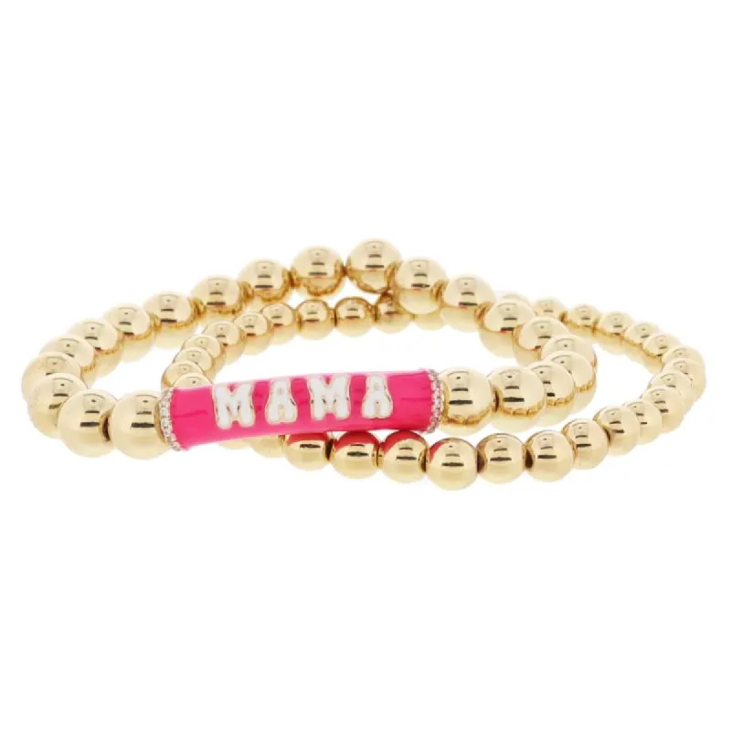 Set of 2, Gold Ball, Pink & White "MAMA" Cylinder Bar with Crystal on Gold Ball Bracelet, 8" Around sold by Charming Charlie