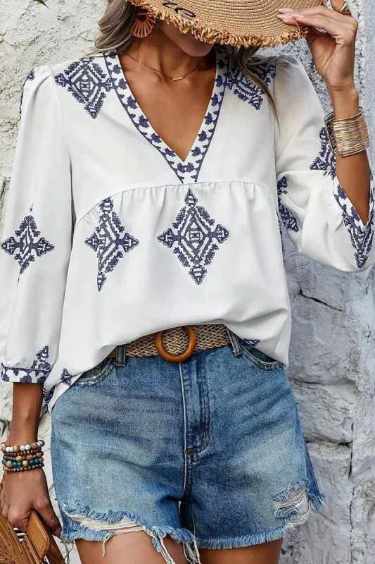 Printed V-Neck Three-Quarter Sleeve Blouse sold by Charming Charlie