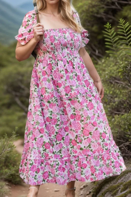 Plus Size Smocked Printed Square Neck Short Sleeve Dress sold by Charming Charlie