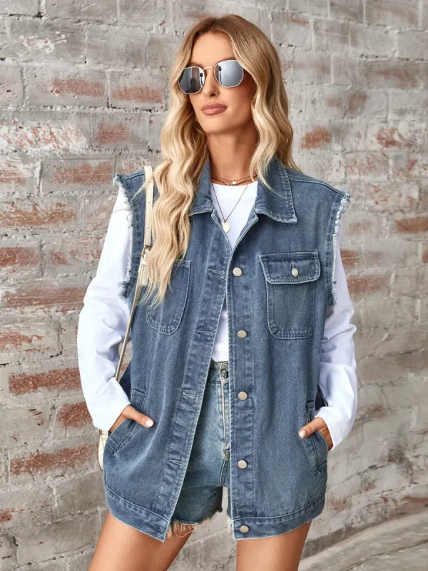 Raw Hem Sleeveless Button Up Denim Jacket sold by Charming Charlie
