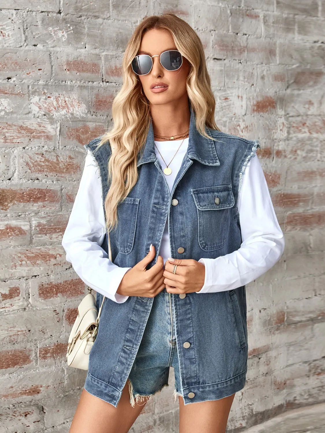 Raw Hem Sleeveless Button Up Denim Jacket sold by Charming Charlie product image thumbnail 5