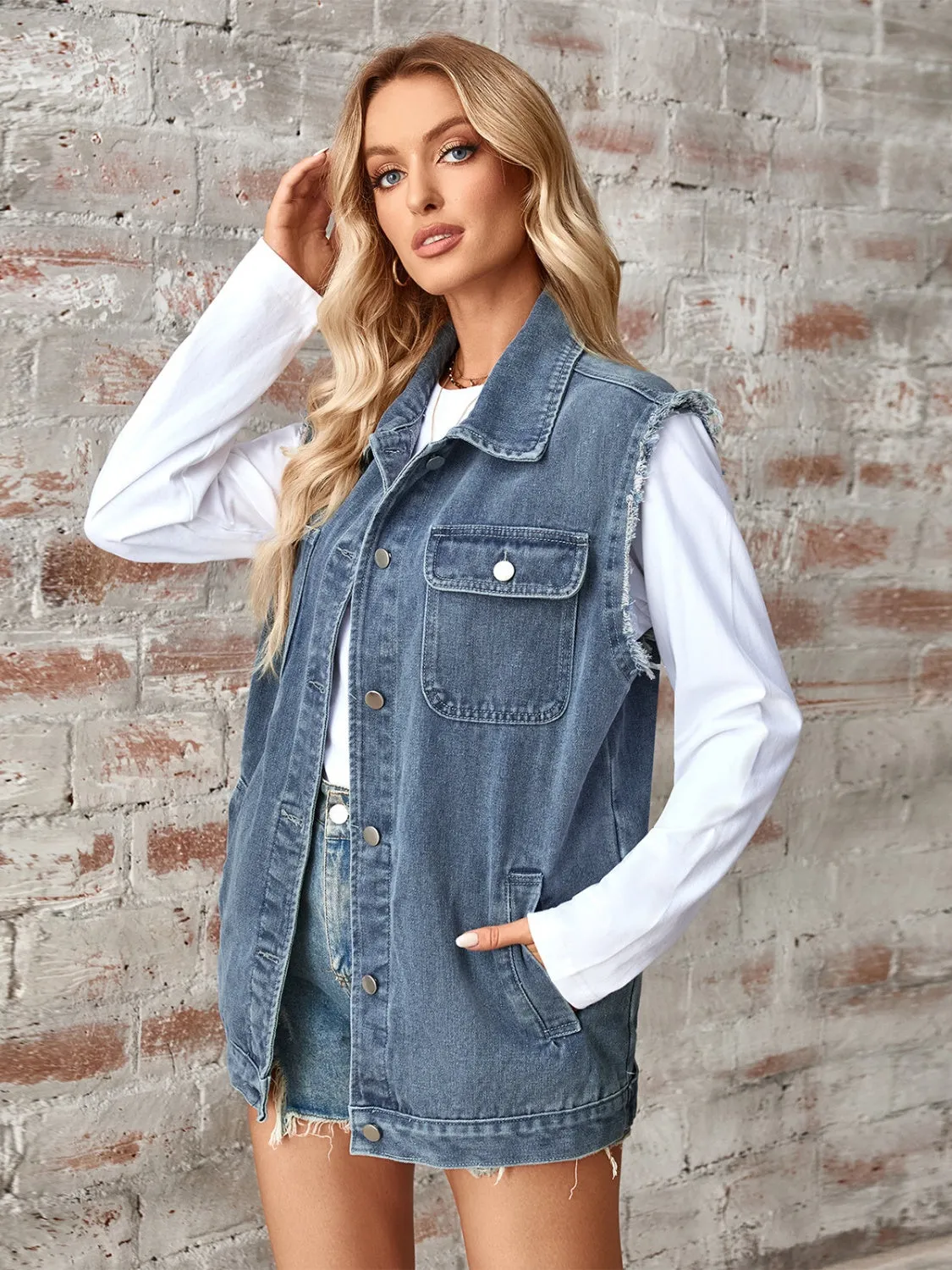 Raw Hem Sleeveless Button Up Denim Jacket sold by Charming Charlie product image thumbnail 3