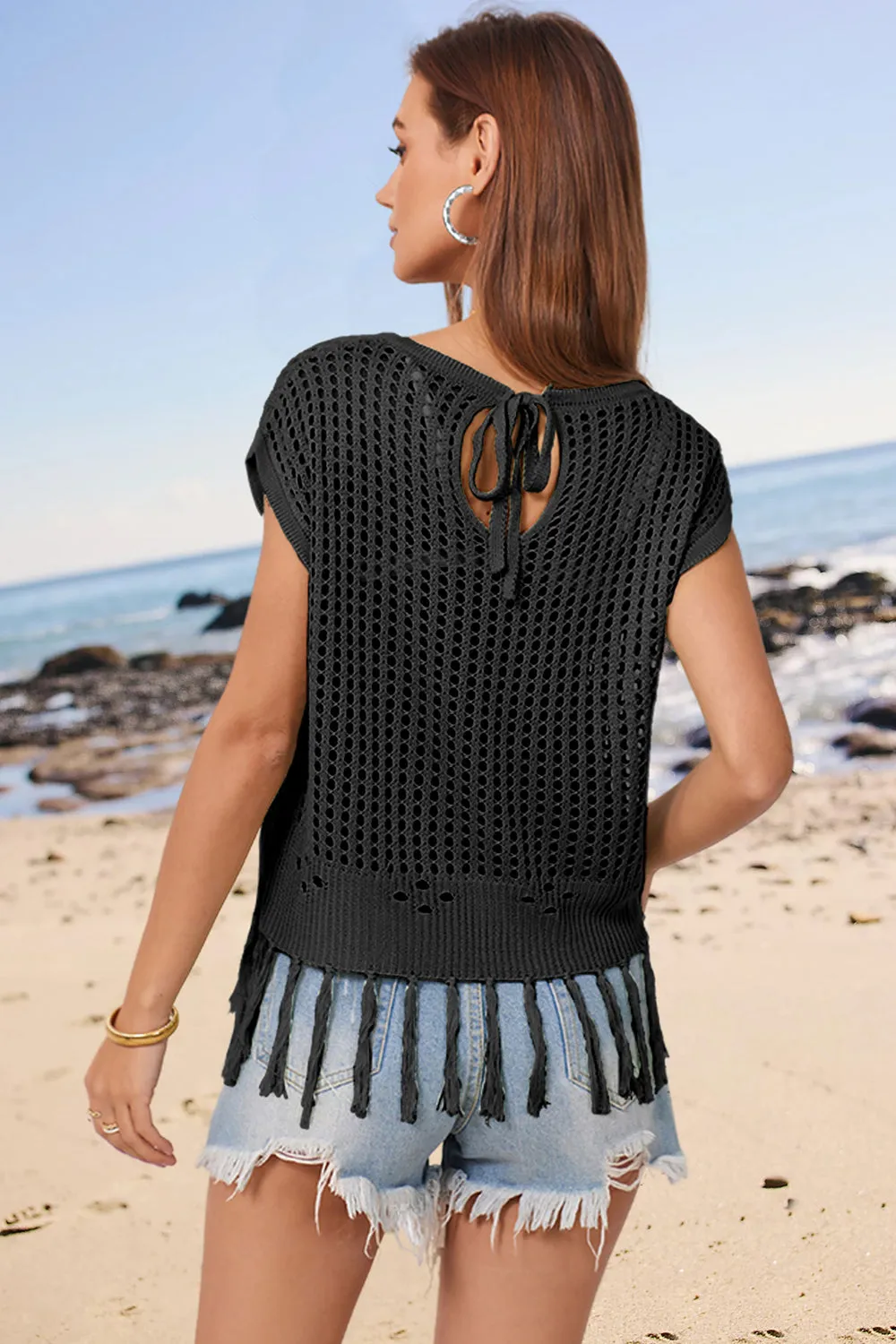 Openwork Cap Sleeve Knit Cover Up with Tassel sold by Charming Charlie product image thumbnail 2