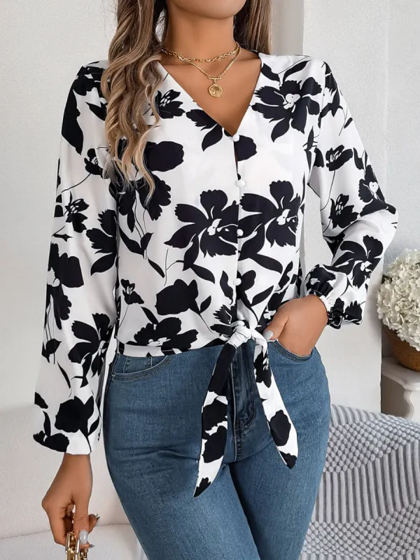 Printed V-Neck Long Sleeve Blouse sold by Charming Charlie