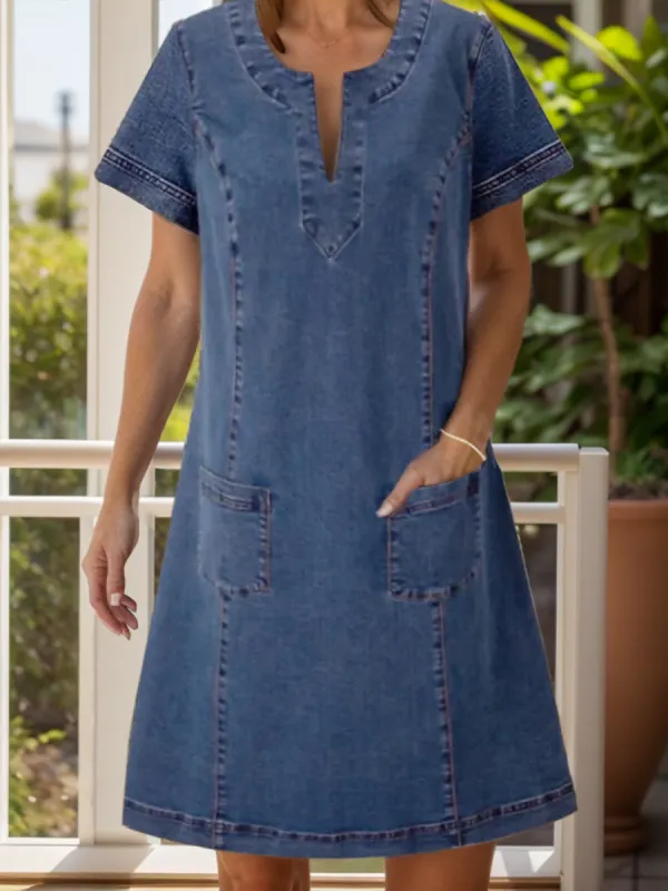 Full Size Notched Short Sleeve Denim Dress sold by Charming Charlie