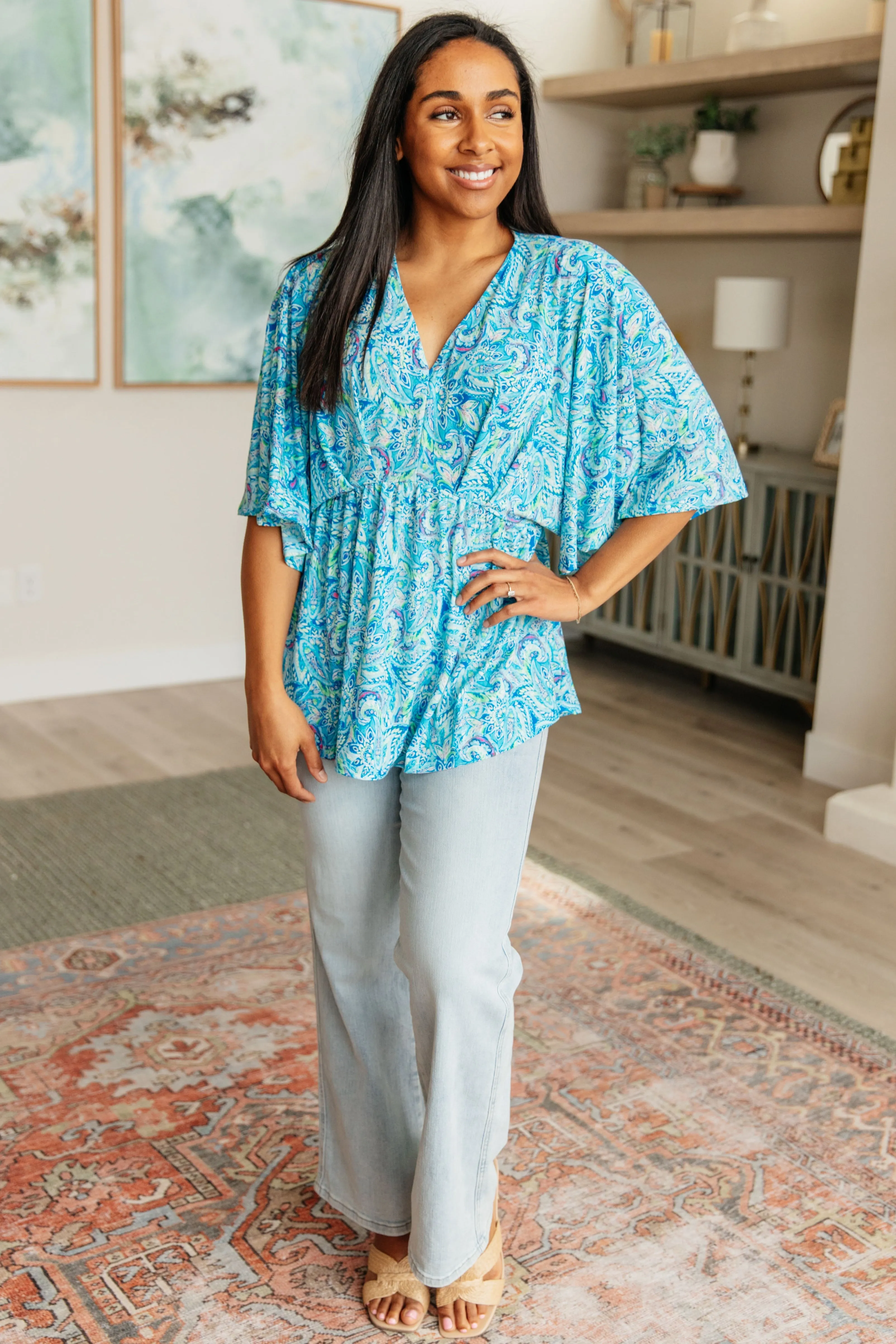 Dreamer Peplum Top in Blue and Teal Paisley sold by Charming Charlie product image thumbnail 4