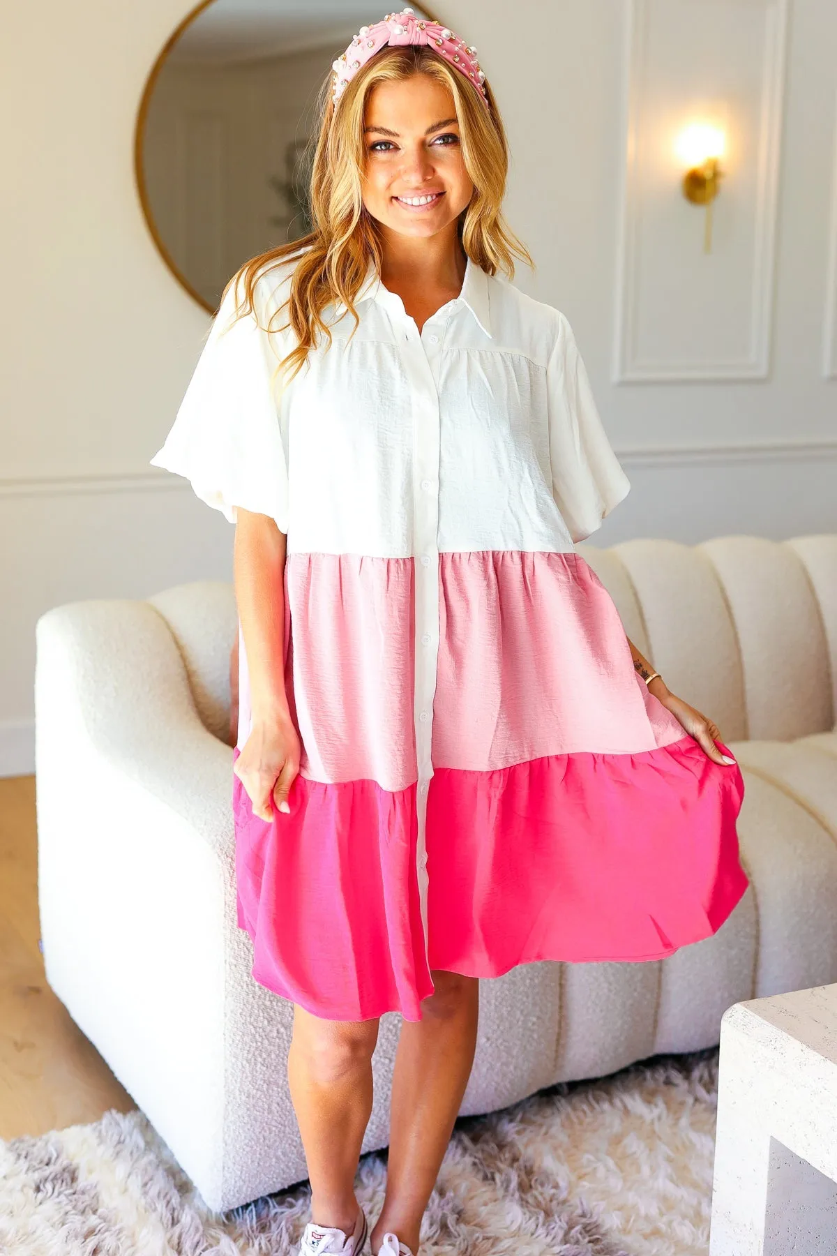 Tell Me More Pink Color Block Collared Button Down Dress sold by Charming Charlie