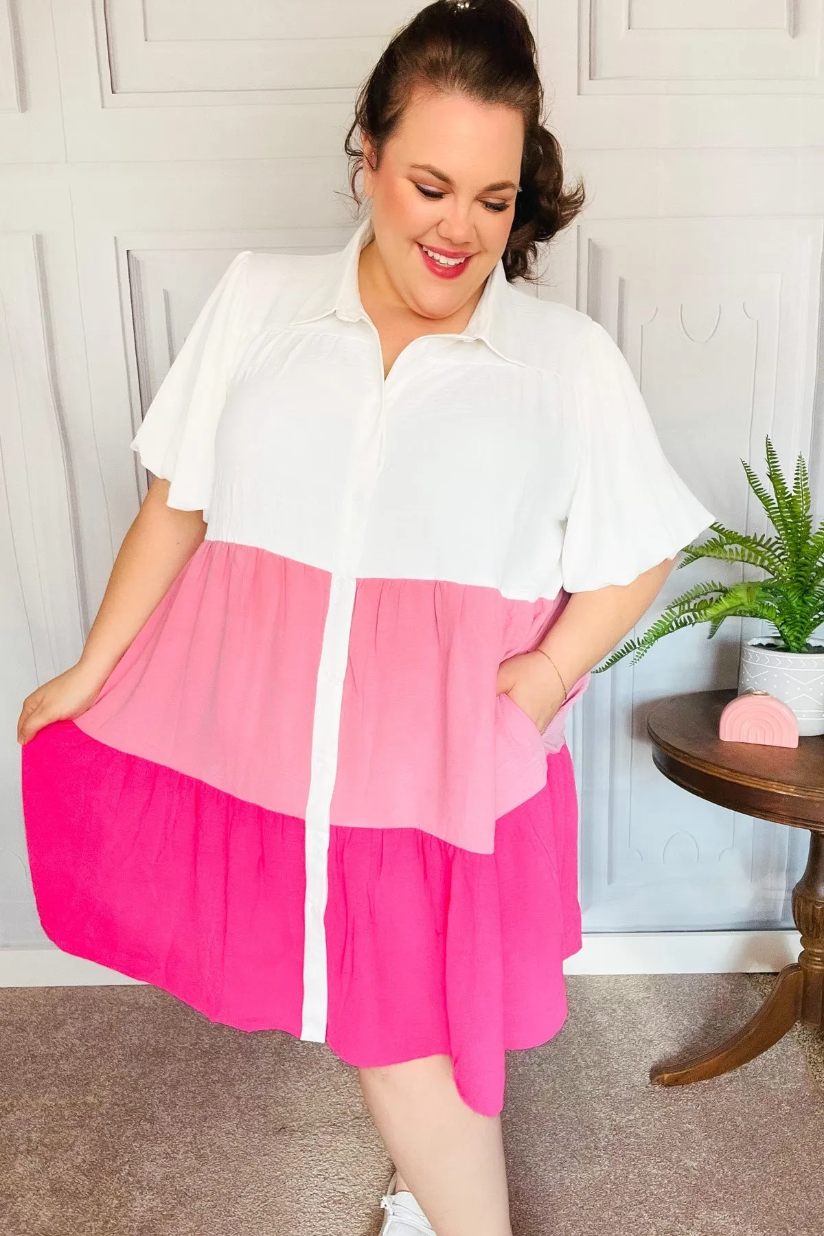 Tell Me More Pink Color Block Collared Button Down Dress sold by Charming Charlie product image thumbnail 5