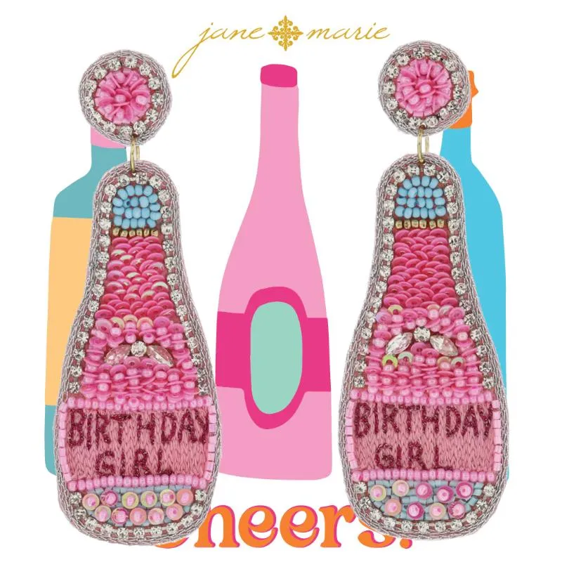 Pink Bead & Crystal Post with Beaded "BIRTHDAY GIRL" Champagne Bottle Earrings, 3.65" Top to Bottom sold by Charming Charlie