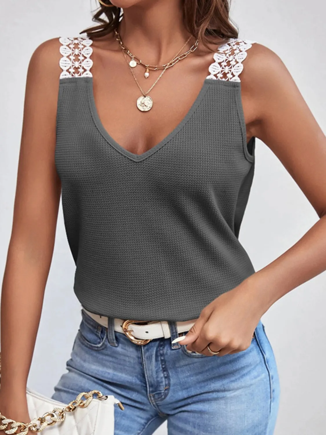 Lace Detail Waffle-Knit V-Neck Tank sold by Charming Charlie product image thumbnail 5