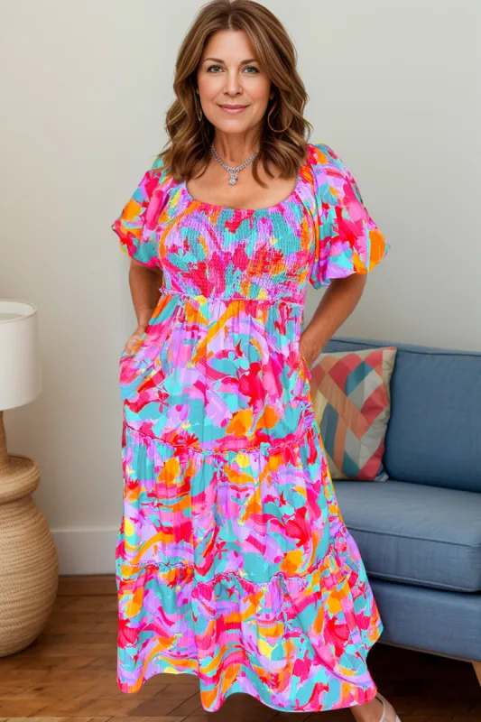 Plus Size Smocked Printed Half Sleeve Dress sold by Charming Charlie