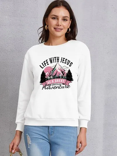 LIFE WITH JESUS IS A GREAT ADVENTURE Round Neck Sweatshirt sold by Charming Charlie product image thumbnail 4
