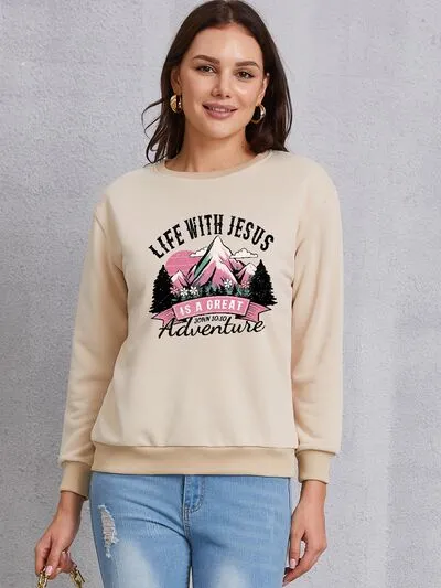 LIFE WITH JESUS IS A GREAT ADVENTURE Round Neck Sweatshirt sold by Charming Charlie