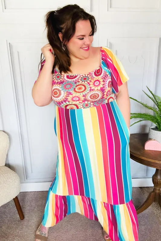 Feeling Bold Fuchsia & Teal Striped Medallion Crochet Print Dress sold by Charming Charlie