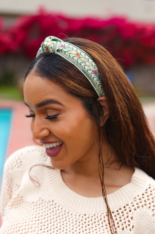Sage Green Sequin & Multicolor Glitter Boho Top Knot Headband sold by Charming Charlie