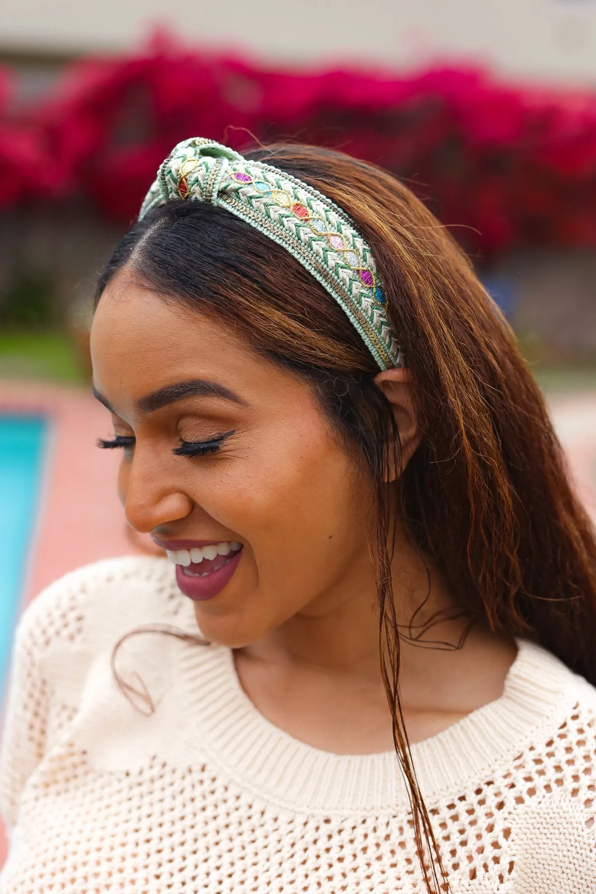 Sage Green Sequin & Multicolor Glitter Boho Top Knot Headband sold by Charming Charlie