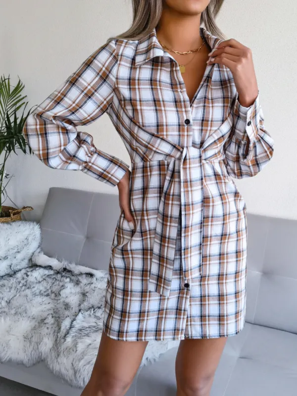 Tied Plaid Long Sleeve Mini Shirt Dress sold by Charming Charlie