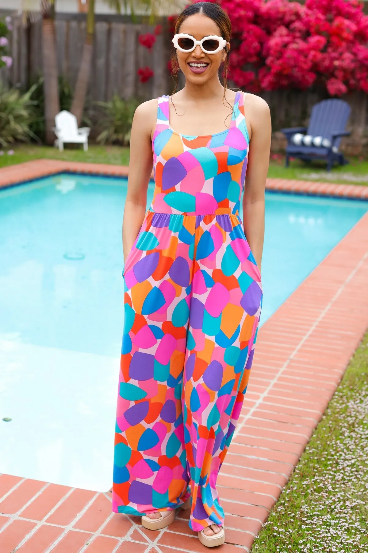Summer Vibes Multicolor Abstract Floral Sleeveless Wide Leg Jumpsuit sold by Charming Charlie product image thumbnail 3
