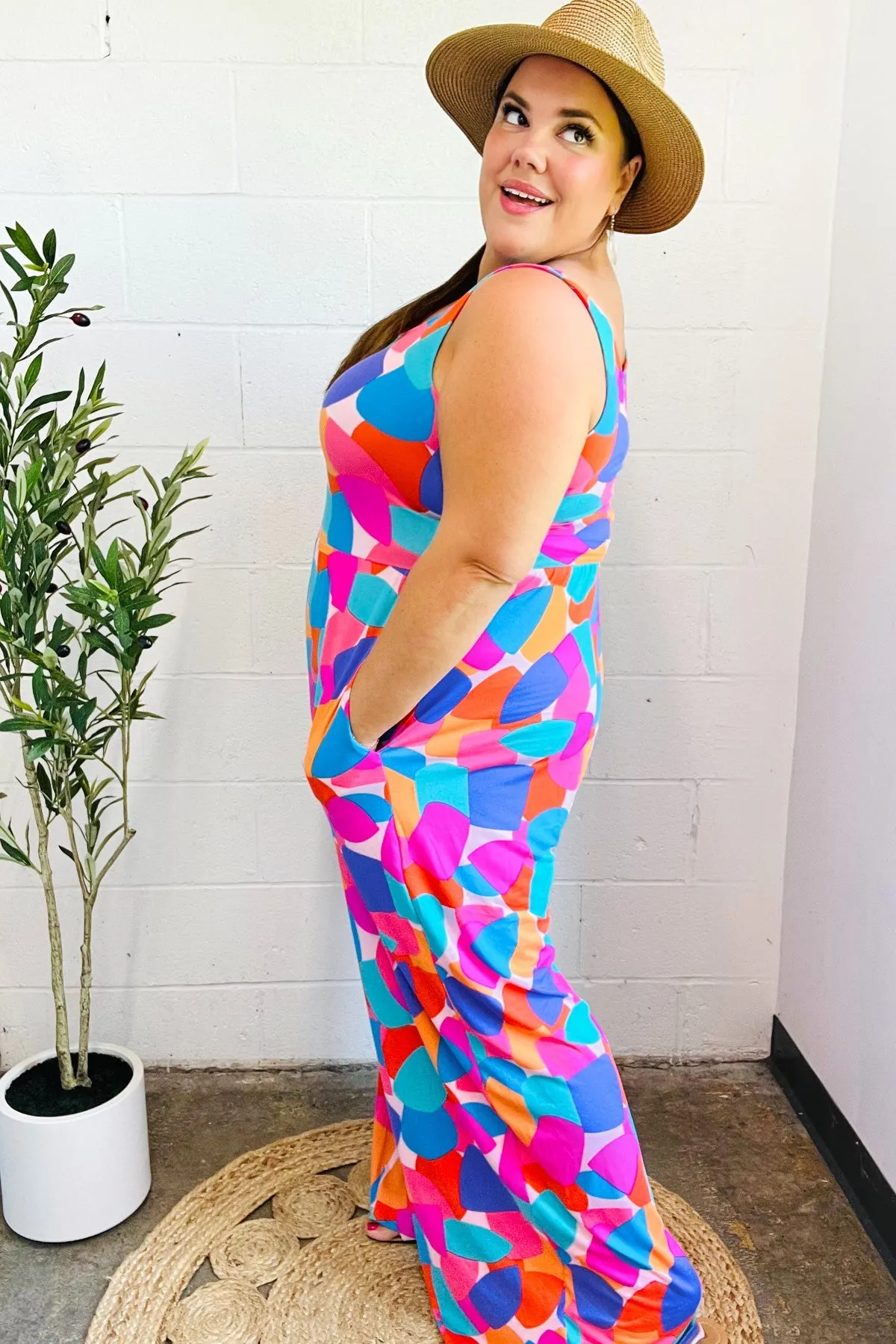 Summer Vibes Multicolor Abstract Floral Sleeveless Wide Leg Jumpsuit sold by Charming Charlie product image thumbnail 4