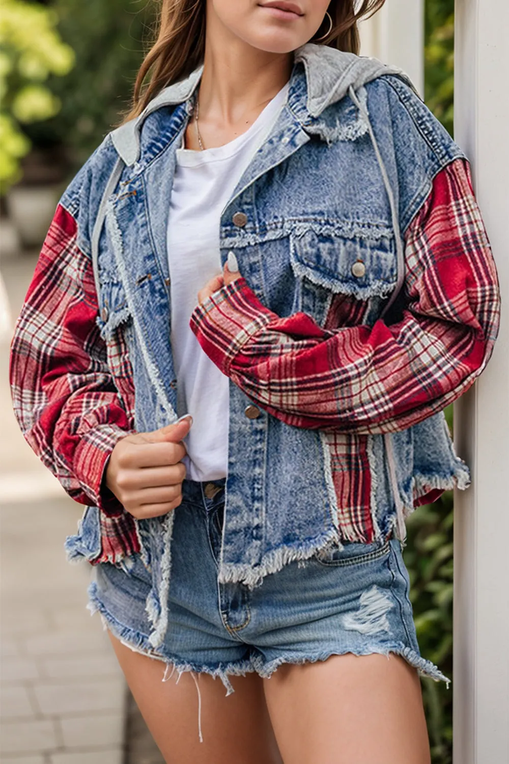 Raw Hem Drawstring Plaid Denim Jacket sold by Charming Charlie