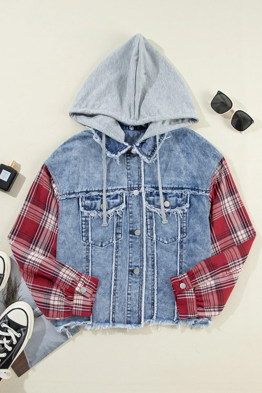 Raw Hem Drawstring Plaid Denim Jacket sold by Charming Charlie product image thumbnail 5