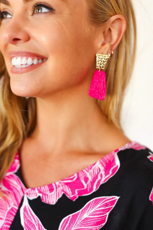 Fuchsia & Gold Geometric Raffia Woven Earrings sold by Charming Charlie