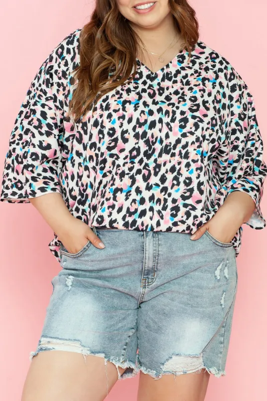 Plus Size Leopard V-Neck Three-Quarter Sleeve Blouse sold by Charming Charlie