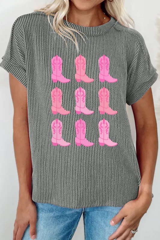 Boots Graphic Striped Round Neck Short Sleeve T-Shirt sold by Charming Charlie