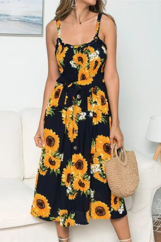 Smocked Sunflower Printed Sleeveless Cami Dress sold by Charming Charlie