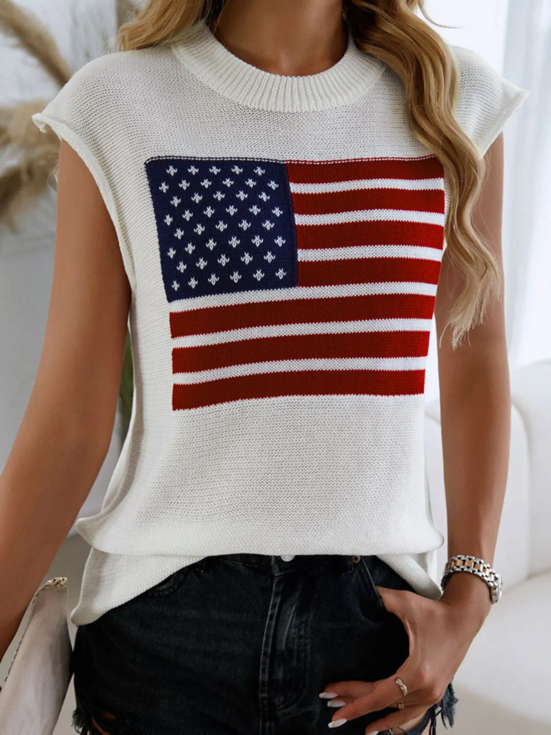 Devine US Flag Round Neck Sweater Vest sold by Charming Charlie