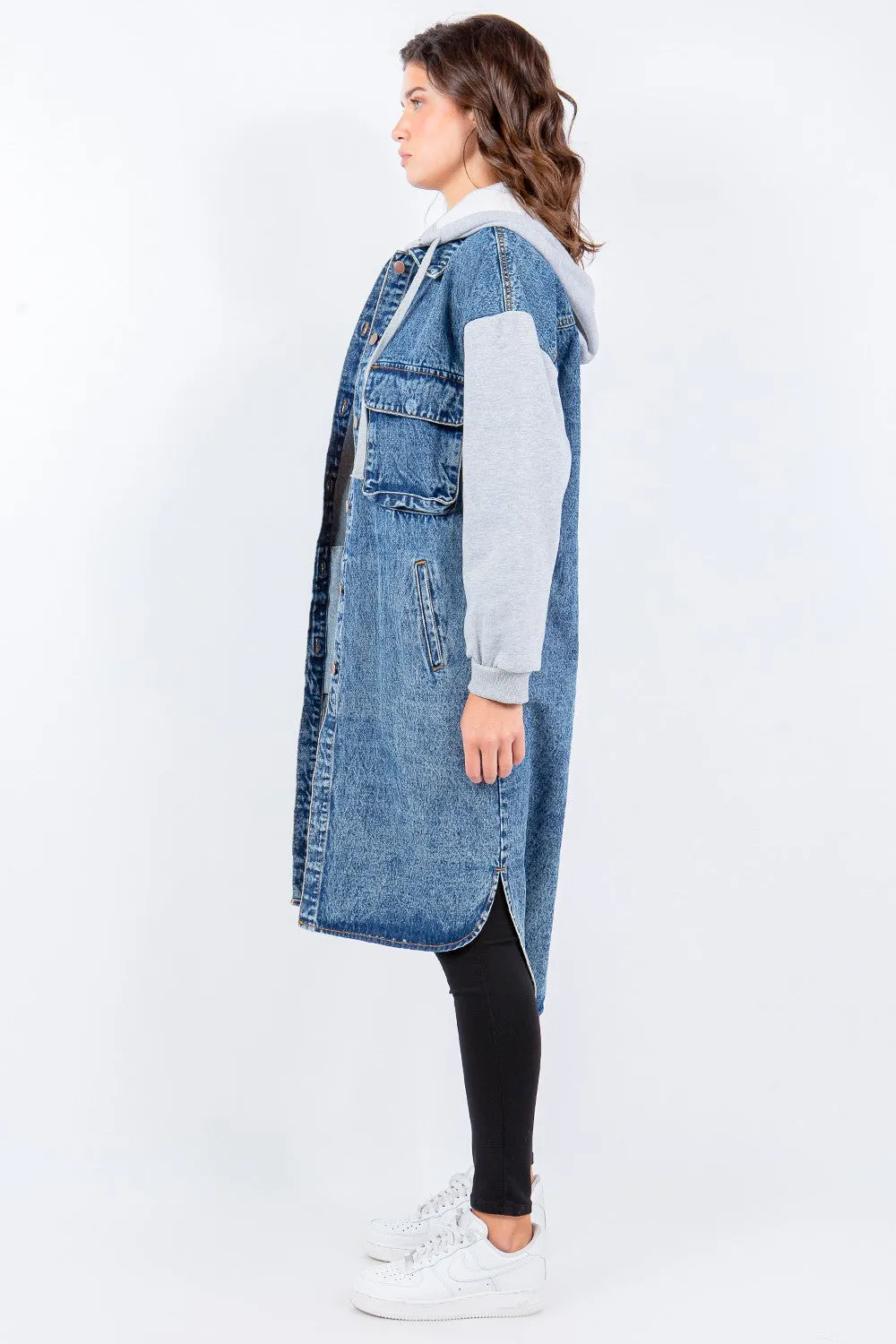 American Bazi Contrast Longline Hooded Denim Jacket sold by Charming Charlie product image thumbnail 3