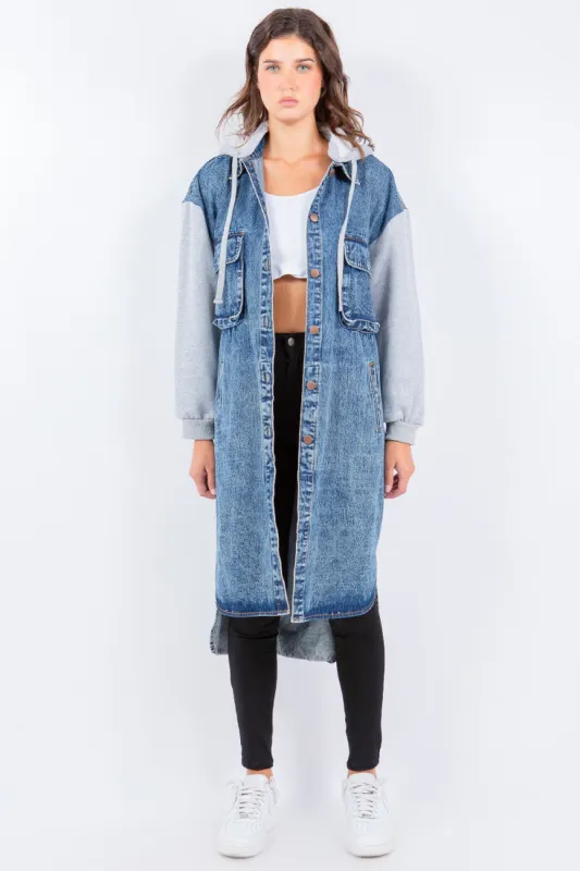 American Bazi Contrast Longline Hooded Denim Jacket sold by Charming Charlie