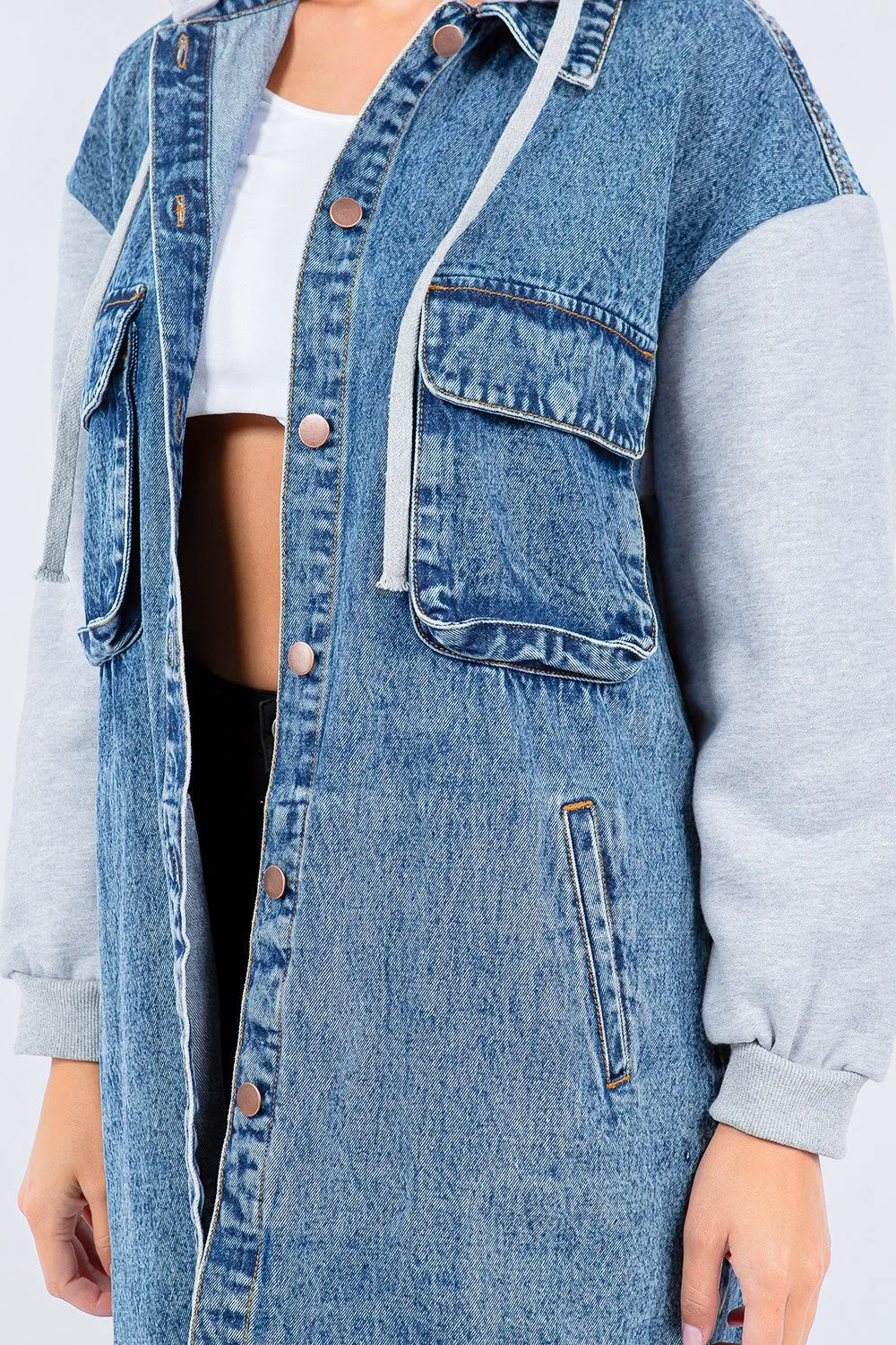 American Bazi Contrast Longline Hooded Denim Jacket sold by Charming Charlie product image thumbnail 4