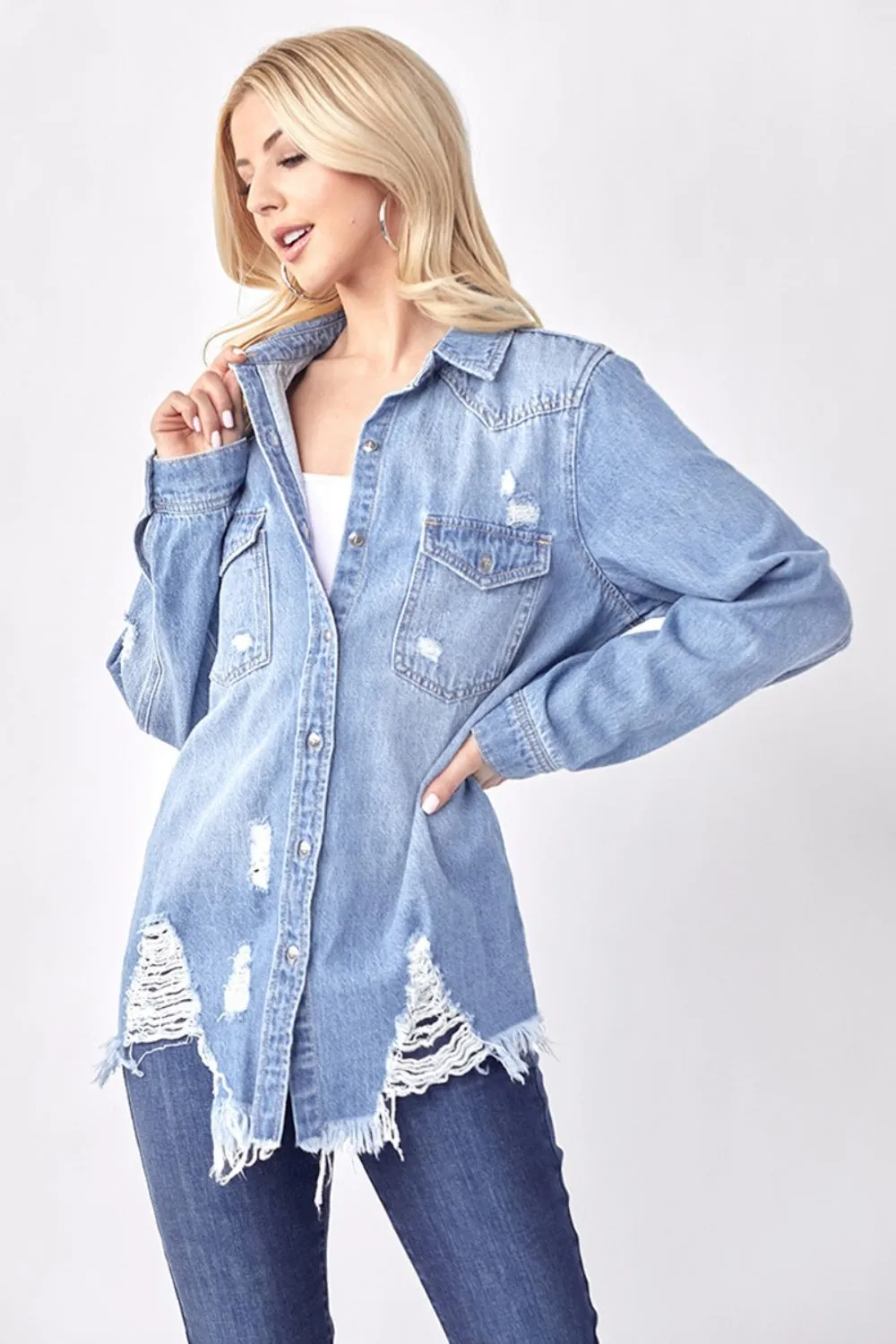 RISEN Button Up Distressed Denim Shirt sold by Charming Charlie product image thumbnail 4
