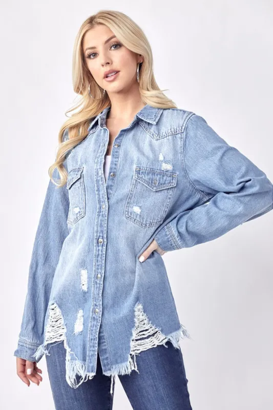 RISEN Button Up Distressed Denim Shirt sold by Charming Charlie
