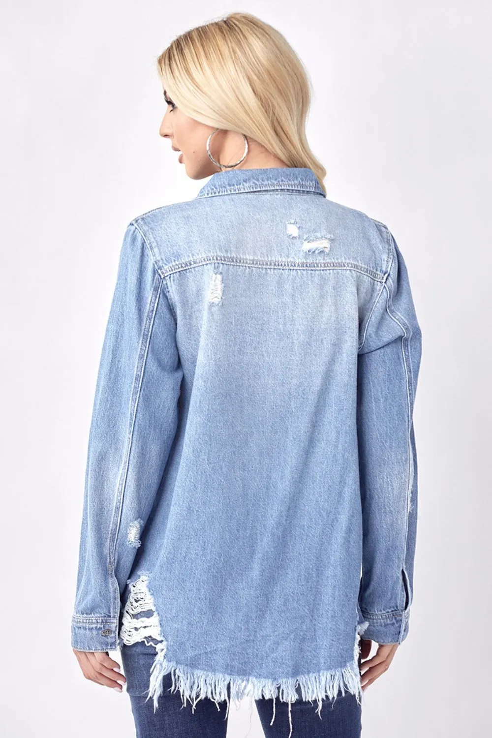 RISEN Button Up Distressed Denim Shirt sold by Charming Charlie product image thumbnail 2