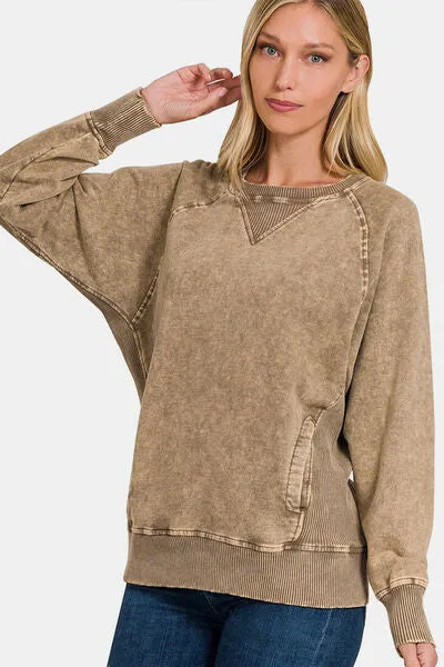 Zenana Pocketed Round Neck Sweatshirt sold by Charming Charlie