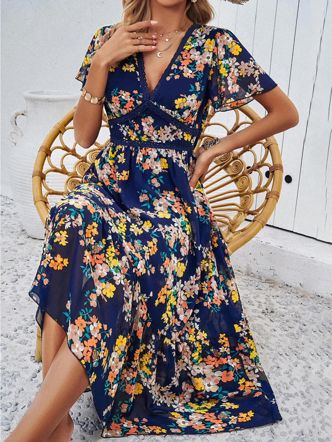 Printed V-Neck Flutter Sleeve Midi Dress sold by Charming Charlie product image thumbnail 5