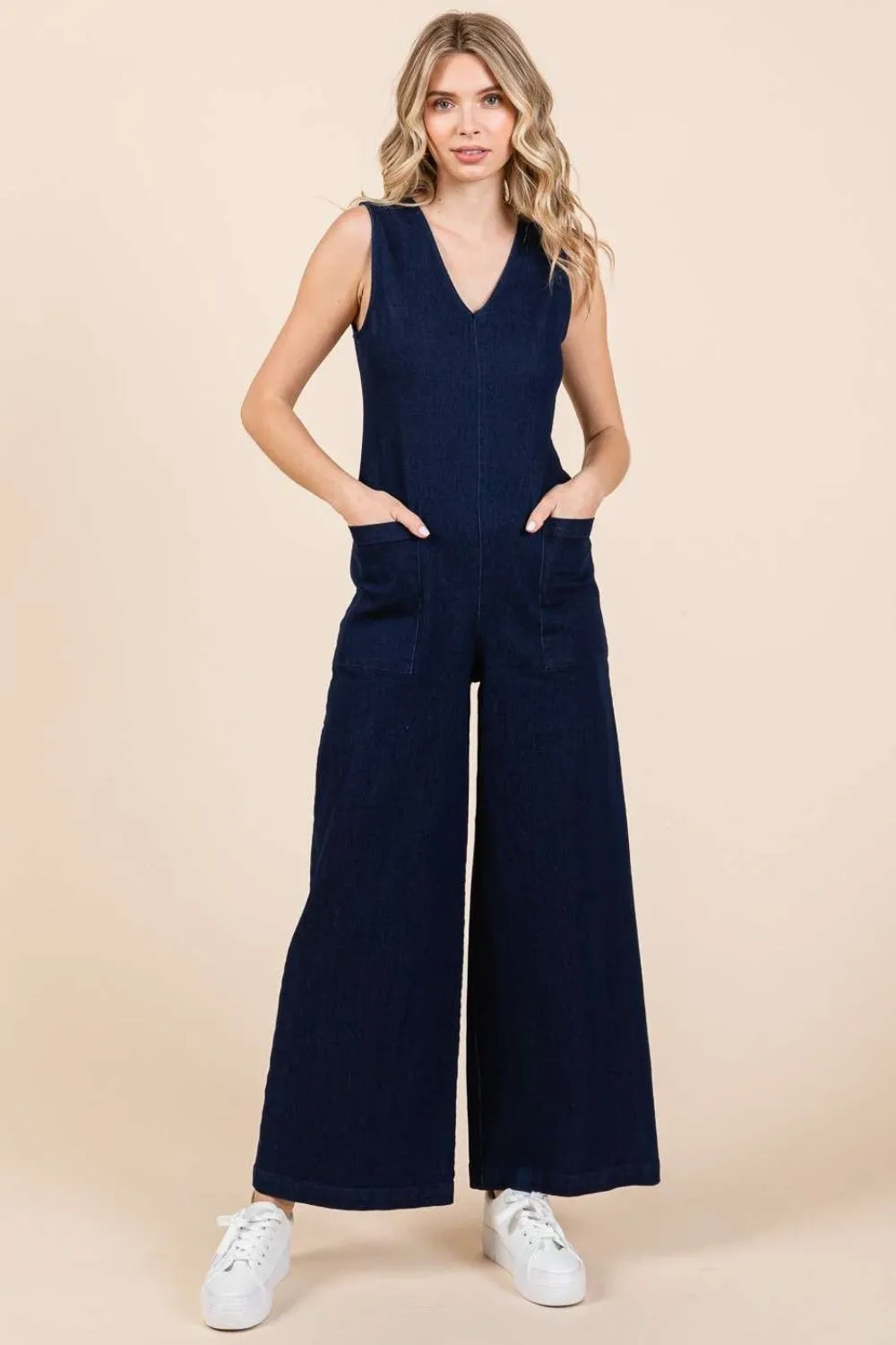 Mittoshop Sleeveless Wide Leg Denim Jumpsuit sold by Charming Charlie product image thumbnail 4